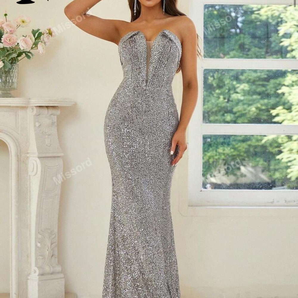 Silver Strapless Evening Dress